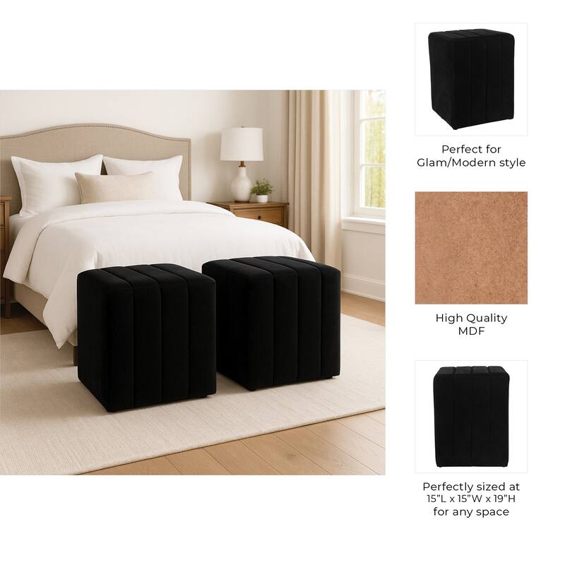 Square Upholstered Ottoman - Compact Pouf Footstool - 19", Black