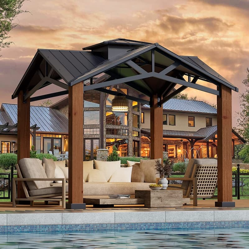 Outdoor Galvanized Steel Roof Gazebo Pergola w Wooden Coated Alumninum Frame, Privacy Curtains and Nettings Include