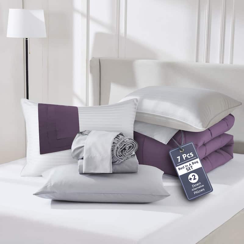 Emperyan Reversible Comforter Set Bed in a Bag with Down Alternative Pillow - Twin XL - Purple/Twin XL