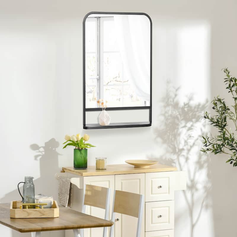 Black Metal Wall Mirror with Rounded Corners and Storage Shelf - 34" L x 21" W x 4" D