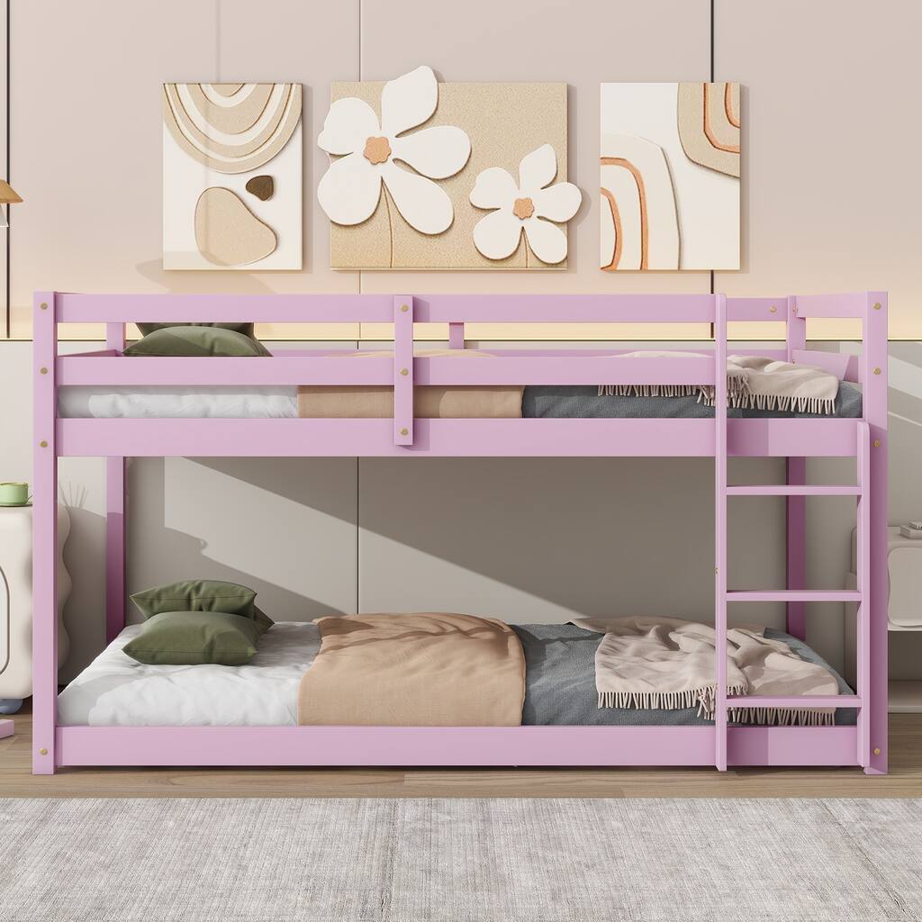 Roomfitters Solid Rubber Wood Twin over Twin Floor Bunk Bed with Ladder, Reinforced Slat Platforms, Low Height Frame, Pink
