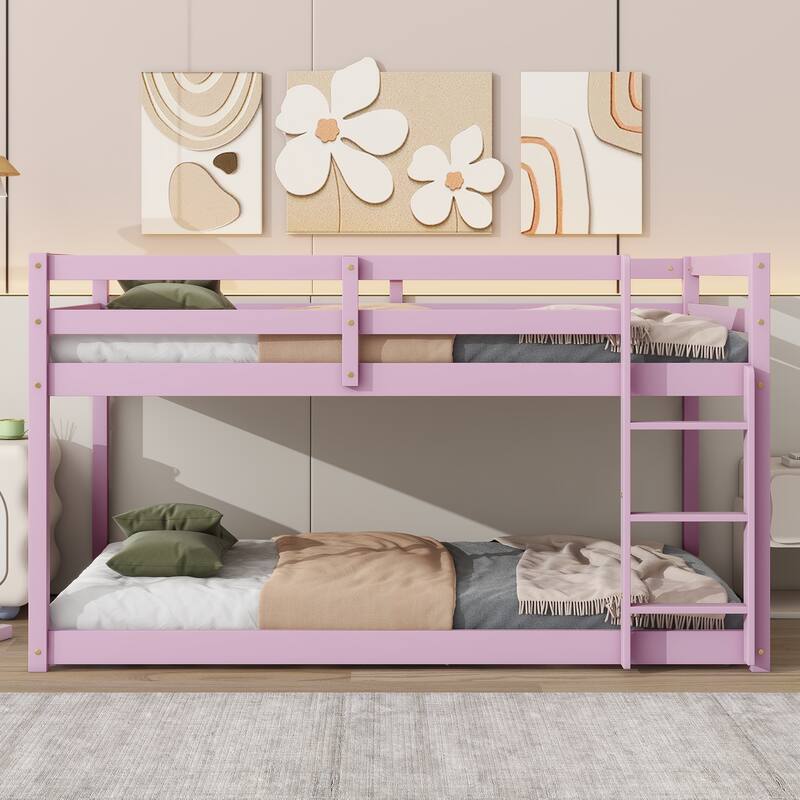 Solid Rubber Wood Twin over Twin Floor Bunk Bed - with Ladder, Strengthened Slats for Upper & Bottom Platforms - Pink