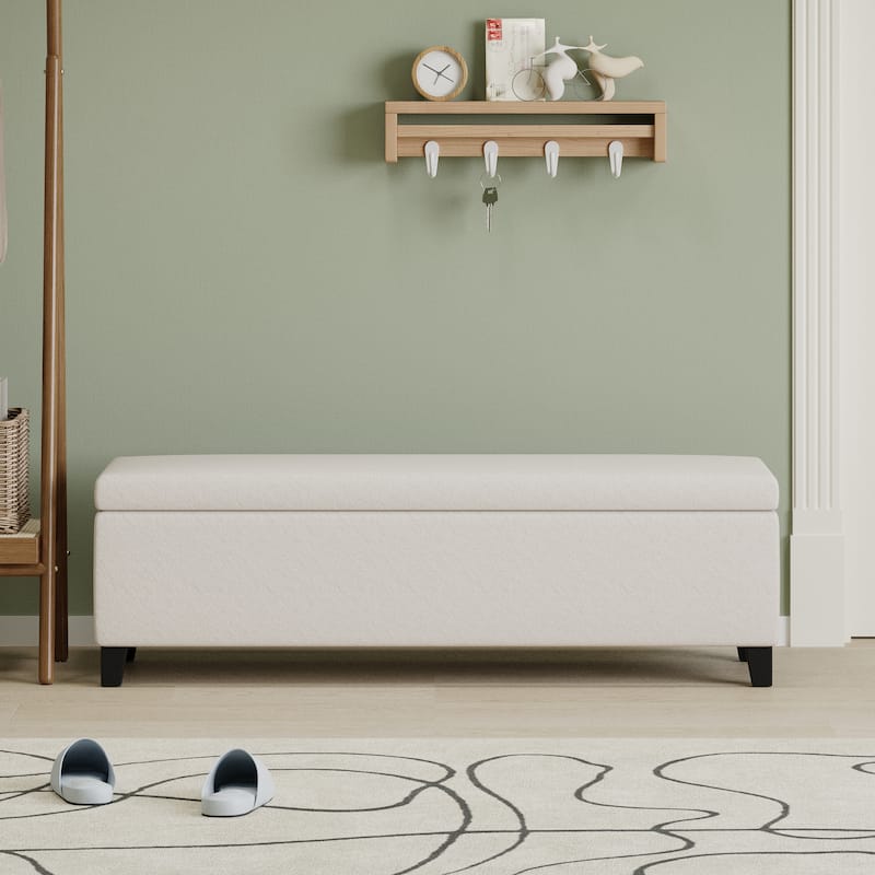 Simple Upholstered Bench with Storage, Modern 51.25" Solid Color Ottoman Bench with Safety Hinge, Fabric Entryway Shoe Bench
