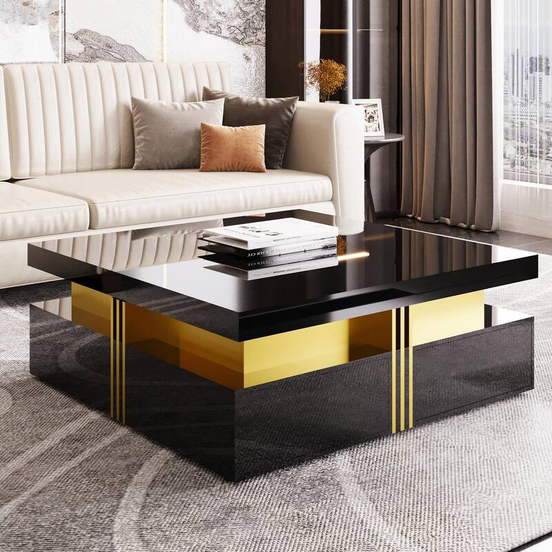 Modern Glossy Square Storage Coffee Table with 4 Drawers