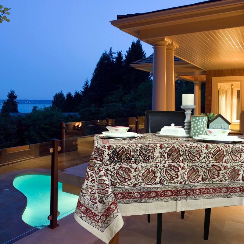 Cotton Vegetable Dye Block Print Rustic Vintage Floral Tablecloth