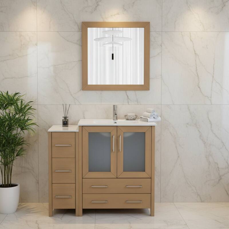 Vanity Art 42 Inch Single Sink Bathroom Vanity Set 5 Dove-Tailed Drawers 1 Cabinets 1 Shelf, Soft-Closing Doors with Free Mirror - Natural Oak