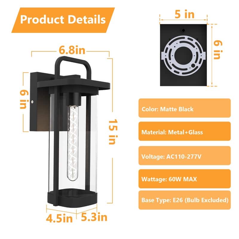 Outdoor Wall Light - IP65 Waterproof Exterior Wall Sconce, E26 Base (Bulb Not Included)