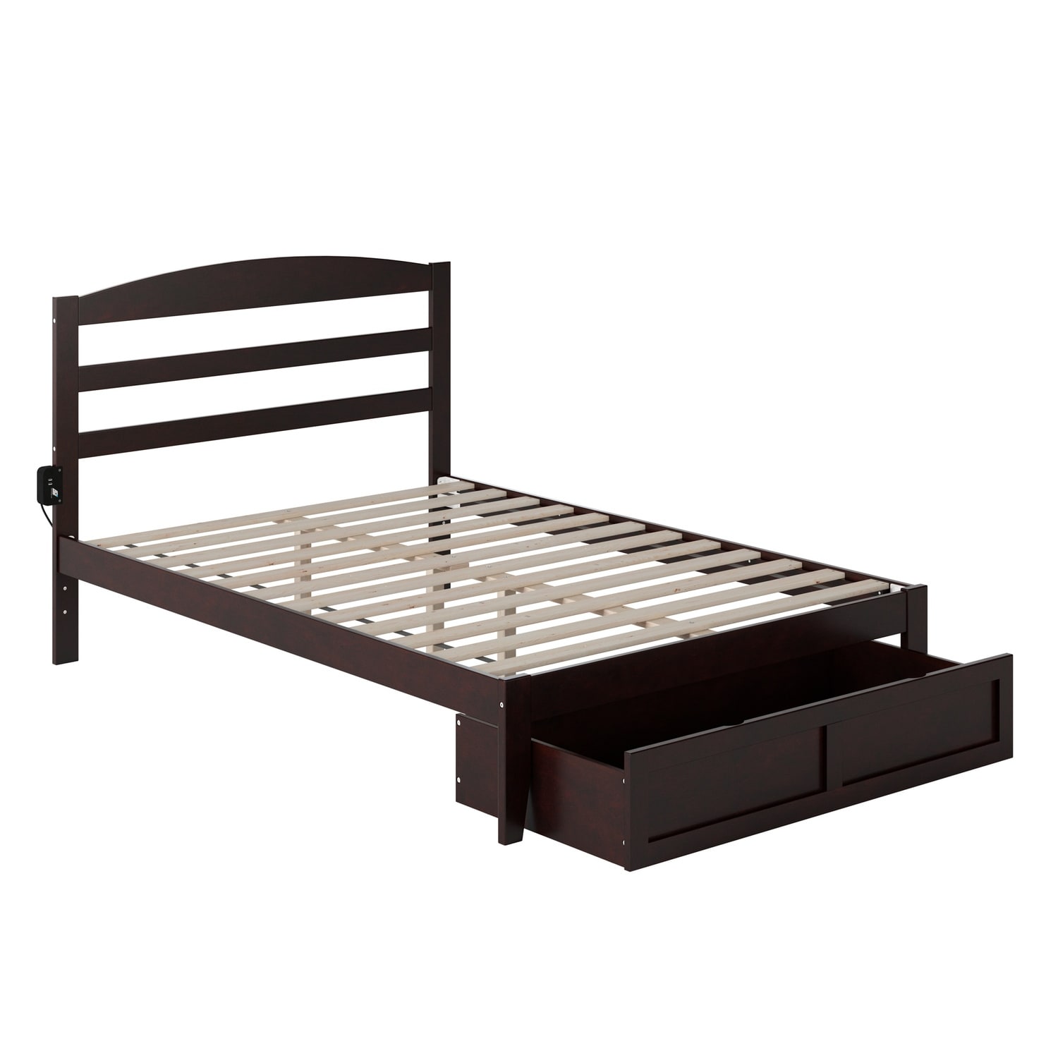 Solid Wood Platform Bed - Full Size Espresso - Storage Drawer & Charging Station - Modern Minimalist Design