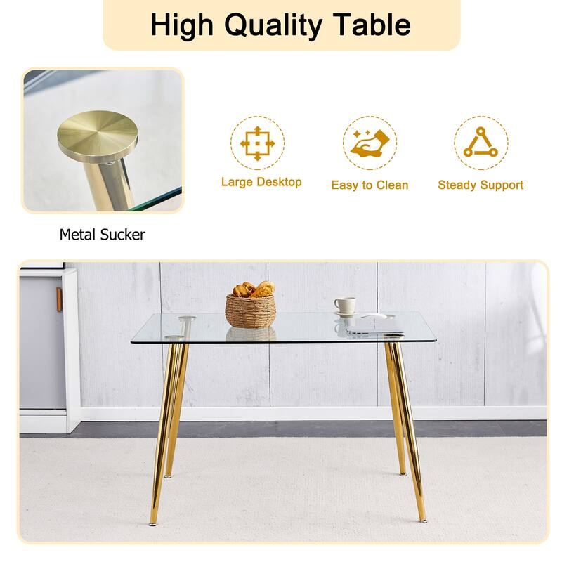 Modern Minimalist Rectangular Glass Dining Table Tempered Glass Tabletop and Golden plating Metal Legs,Writing Table Desk