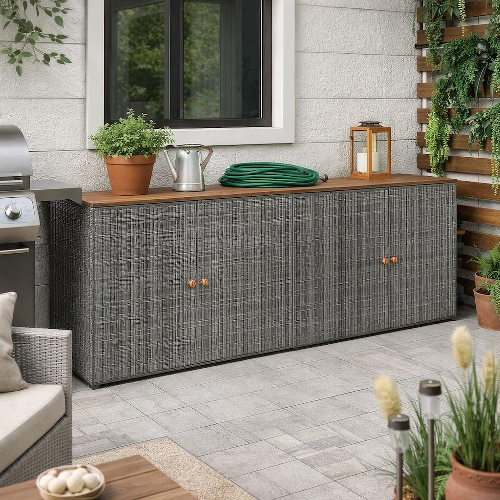 Outdoor Storage Cabinet, 78 Inch Gray Poly Rattan and Brown Solid Wood