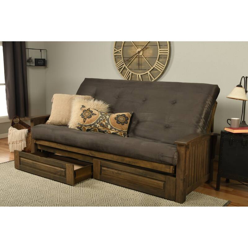 Somette Washington Queen-size Storage Futon Set in Rustic Walnut with Suede Mattress