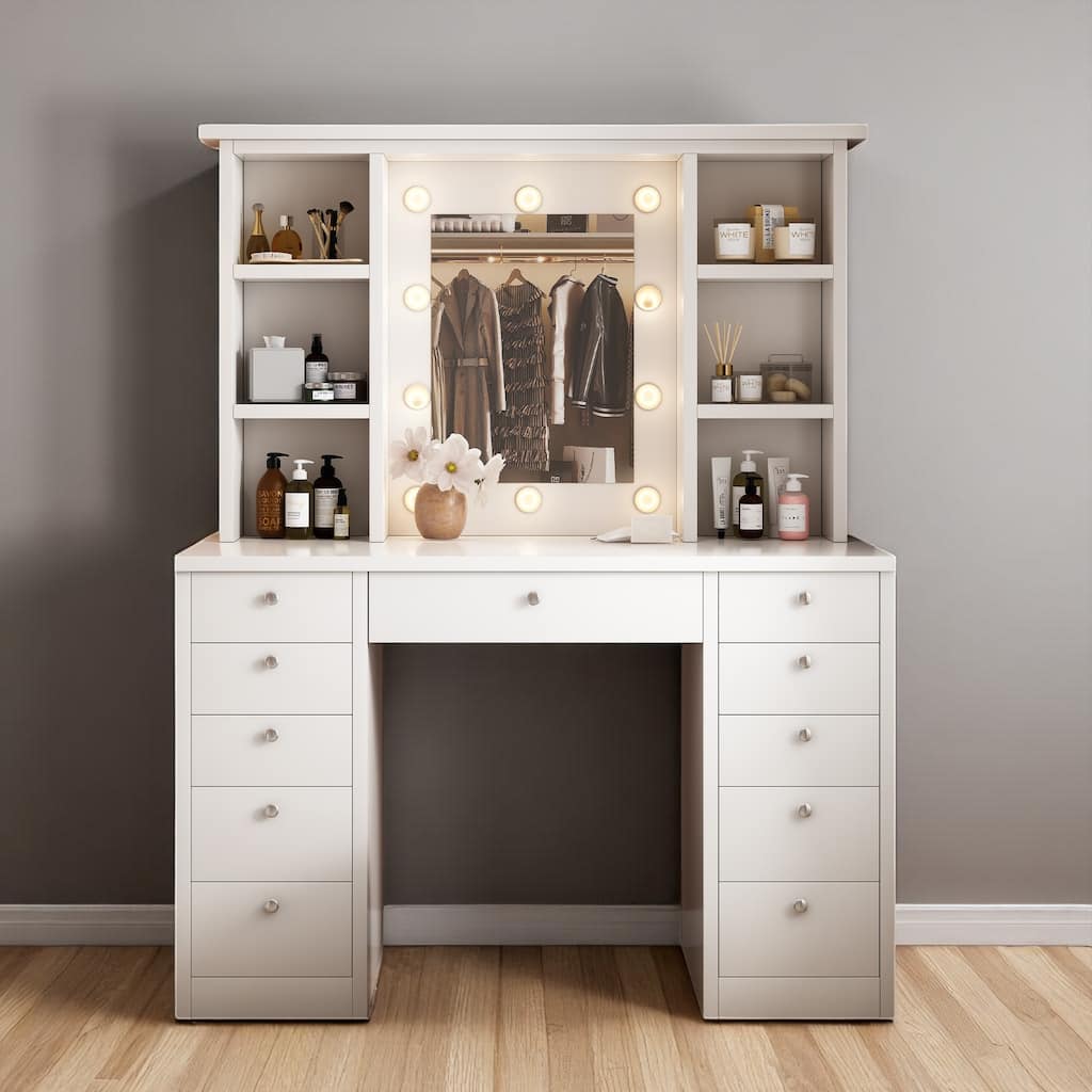 45" Makeup Vanity with Lighted Mirror, 11 Drawers, 10 Bulbs, Hidden Wiring & 3-Mode Adjustable Lighting
