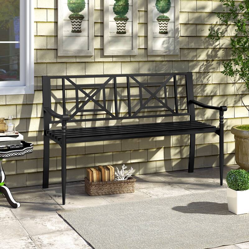Gymax 51'' Metal Bench Slatted Garden Bench for 2-3 People Patio