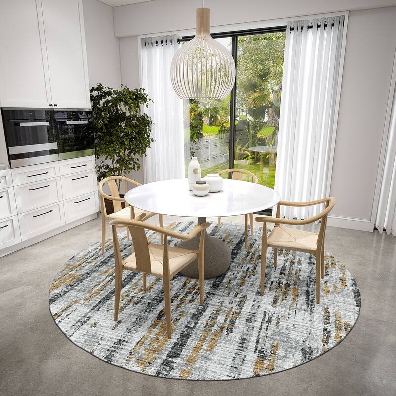 Indoor/Outdoor Rylee Modern Stripes Washable Rug - 8' x 8' Round - Silver