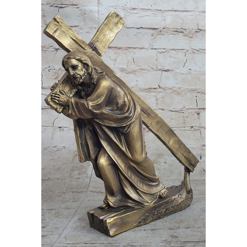 Jesus Christ Carrying Cross Crucifix Passion Cold Cast Bronzed Resin Sculpture Figurine