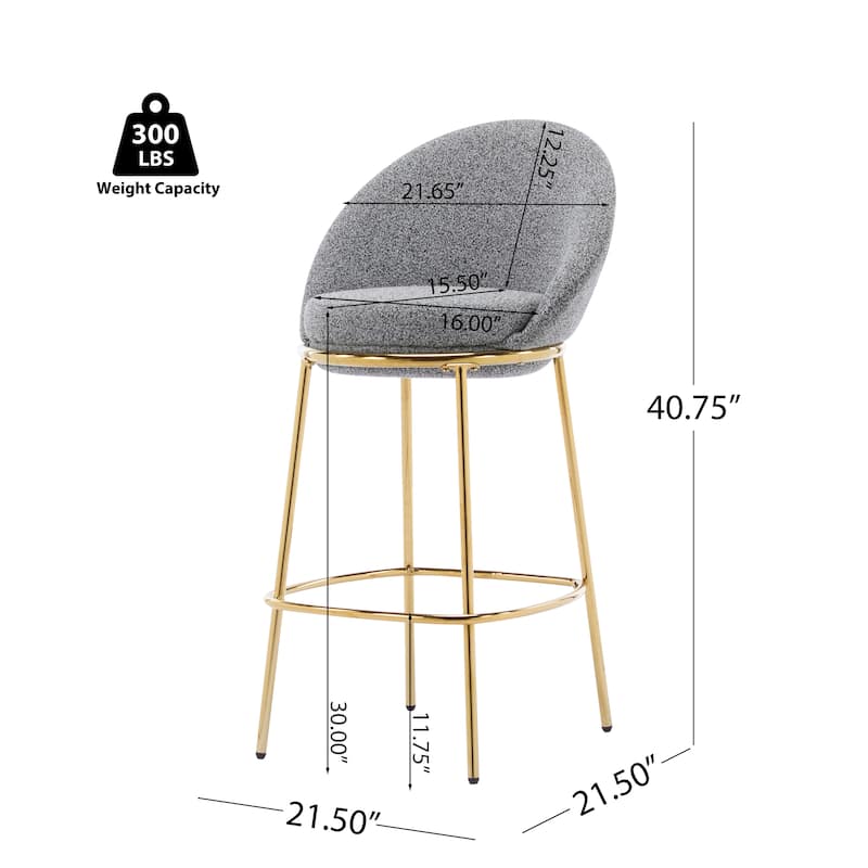 Celano Indoor Metal Upholstered Barstool, Gold-Plated Frame and Mixed Gray Upholstery, Set of 2