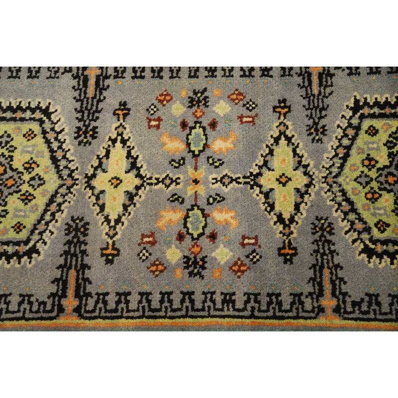 Hand Knotted Oriental 100% Wool Carpet Traditional Geometric Greys & Charcoal Viss Runner Rug - 7' 9'' X 2' 7''