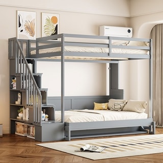 Full Over Full Size Murphy Bunk Bed Convertible Loft Bed with Hydraulic Lift, Hidden Desk and Storage Stairs for Kids