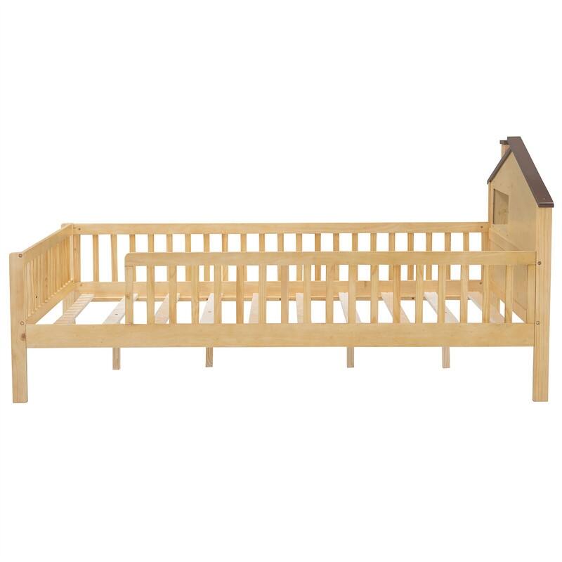 Twin/Full Size House Platform Bed with LED Light and Fence Guardrails, Wooden Kids Bed Frame with House Shaped Headboard