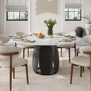 59" Modern Round Dining Table for 6,White Glossy Sintered Stone Table ...
