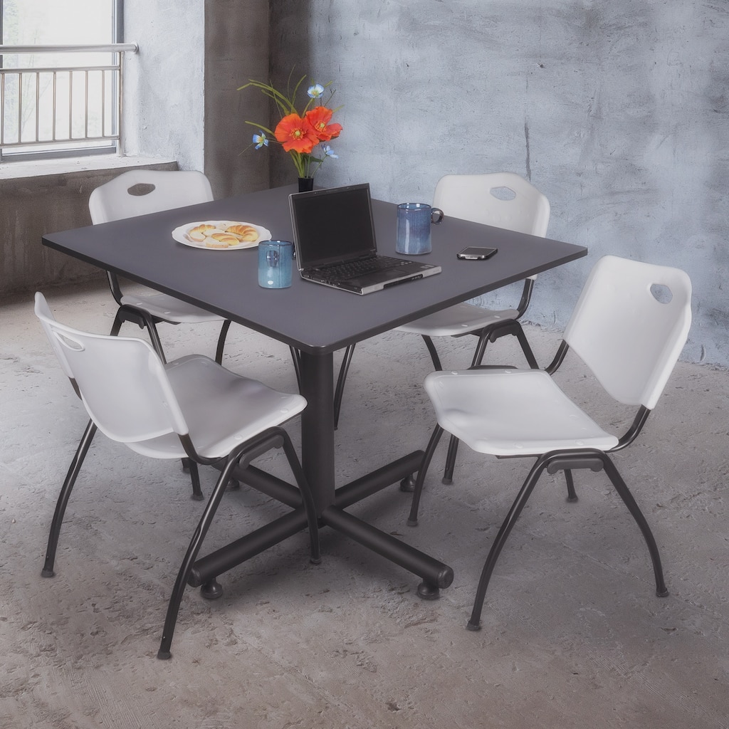 48" Square Breakroom Table- Grey & 4 'M' Stack Chairs- Grey - 48