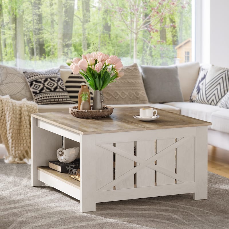 Moasis Farmhouse Coffee Table with Storage for Living Room Square Center Table