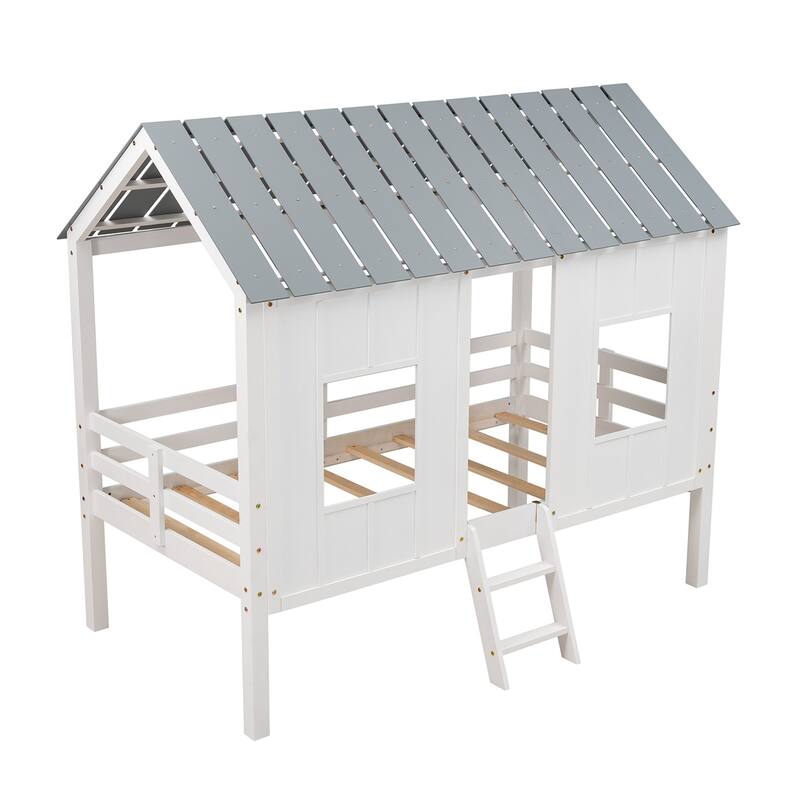 Low Loft House Bed with Roof and Two Front Windows