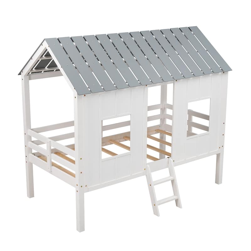 Wood Twin Size Low Loft House Bed with Roof, Ladder Solid Wood Playhouse Loft Bed, Wooden Support Bed Frame No Box Spring Needed