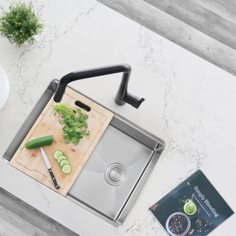 STYLISH 25 inches Workstation Single Bowl Undermount 16 Gauge Stainless Steel Kitchen Sink with Built in Accessories Handmade