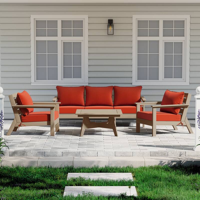 Birchwood All Weather HDPE Outdoor Patio Weathered Wood Deep Conversation Set (6-Piece Set) - Weathered Wood/Orange