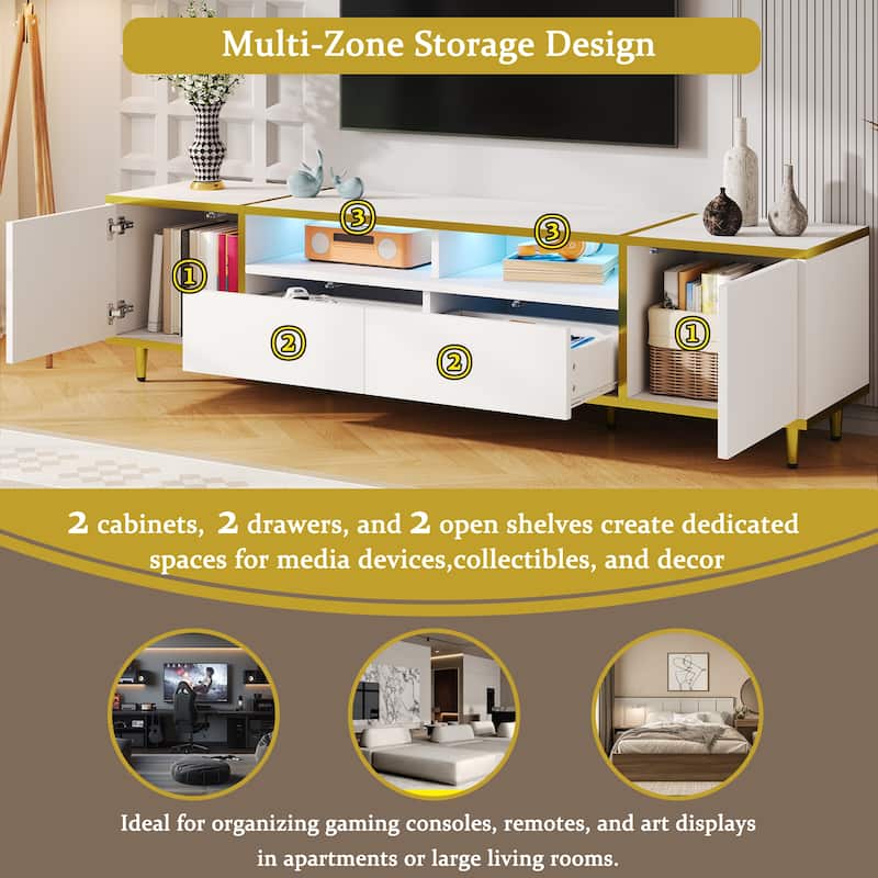 70.9" Luxury LED TV Stand with Smart Lighting - 2 Cabinets, 2 Drawers and Anti Tip Design and Cable Management
