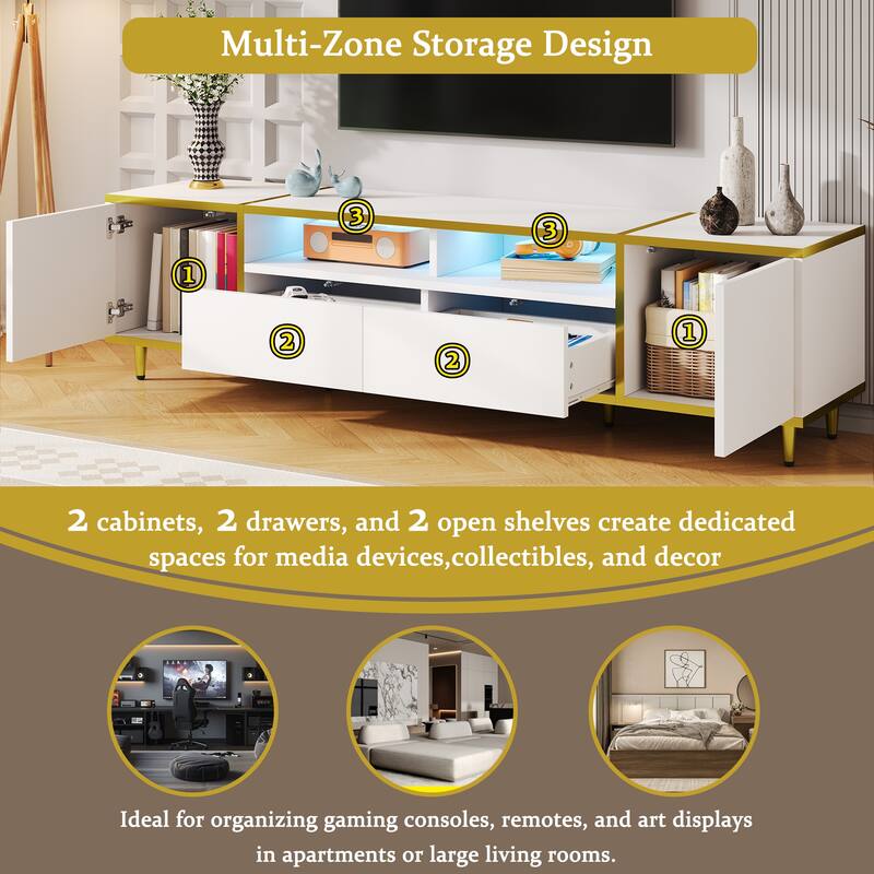 70.9'' Modern TV Stand for TVs up to 80'', Entertainment Center with LED Lights, 2 Cabinets, 2 Drawers & Metal Legs