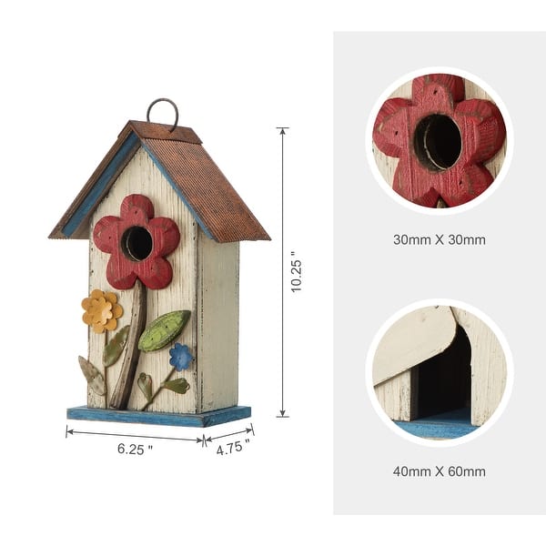dimension image slide 1 of 5, Glitzhome 10"H Multicolor Cute Distressed Solid Wood Birdhouse with 3D Flowers