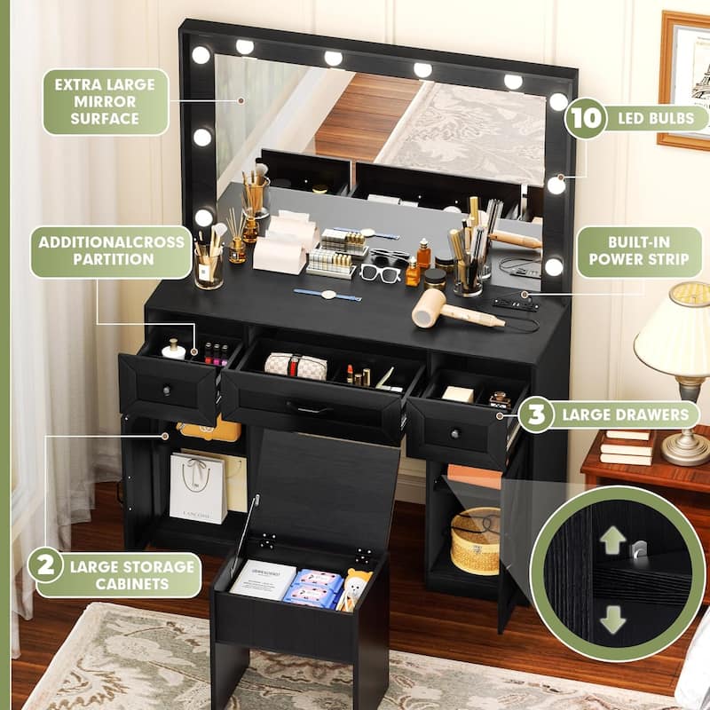 43.3'' Wide Makeup Vanity Dressing With Lighted Mirror and Stool