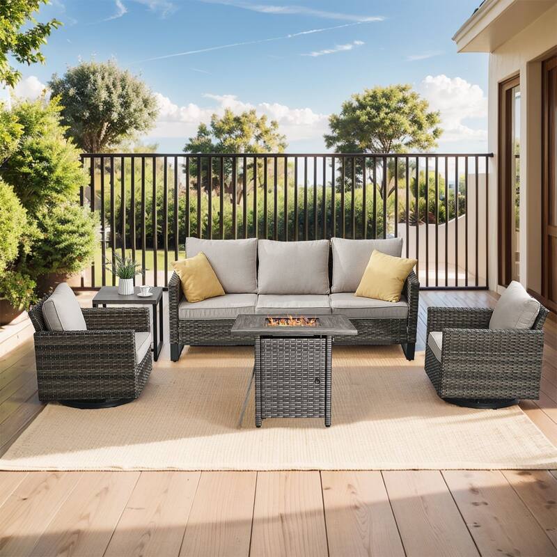 Outdoor Pocassy Sofa Chairs Set with Fire Table - Grey Wicker Beige Cushion - 5 Piece