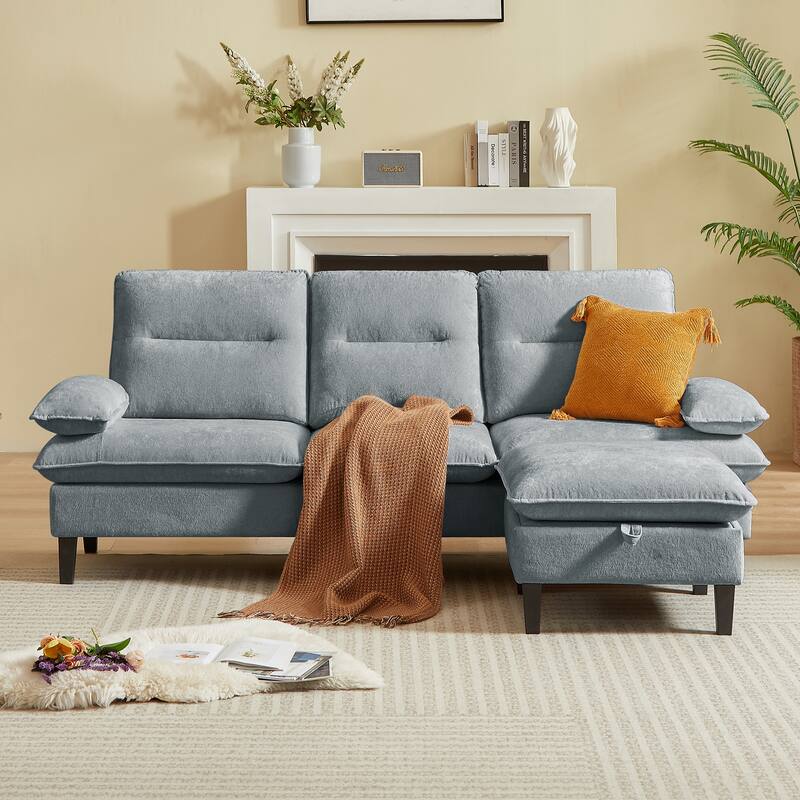 86.22" Chenille L Shaped Sofa With Ottoman - Light Grey