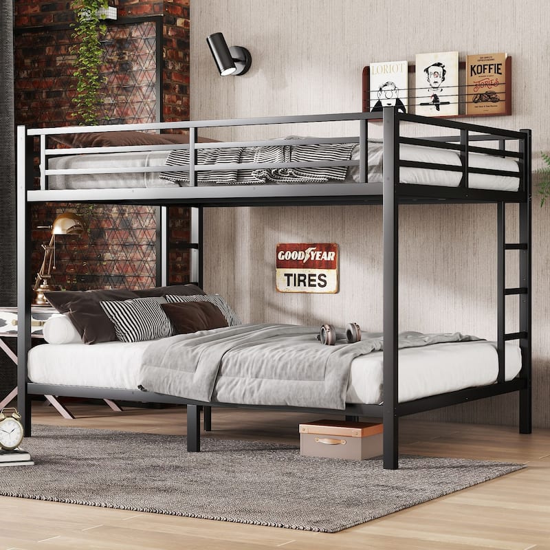 Queen over Queen or King over King Metal Bunk Bed with Side Ladder, Noise Reduced, No Box Spring Required