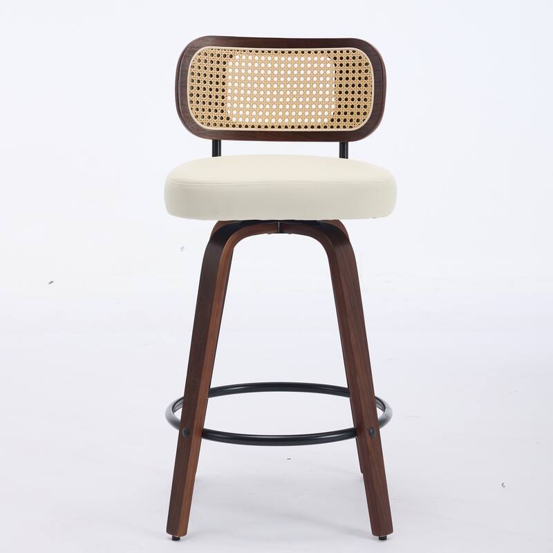 Set of 2 Counter Height Bar Stools, 26" Rattan with Cane Back & Upholstered Seat, Walnut Swivel Stools for Island - Beige