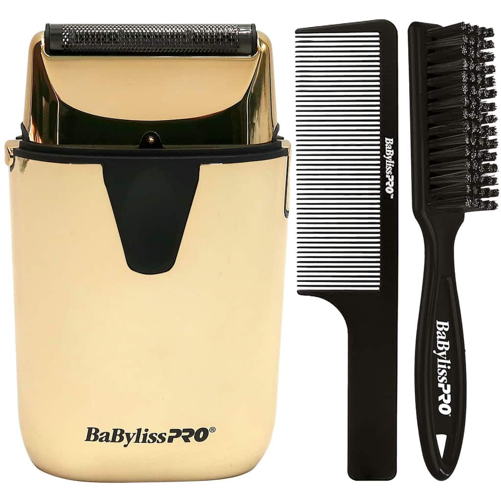 BaByliss Pro UVFOIL UV-Disinfecting Metal Single Foil Shaver - Gold #FXLFS1G + Fade Brush + 9" Comb
