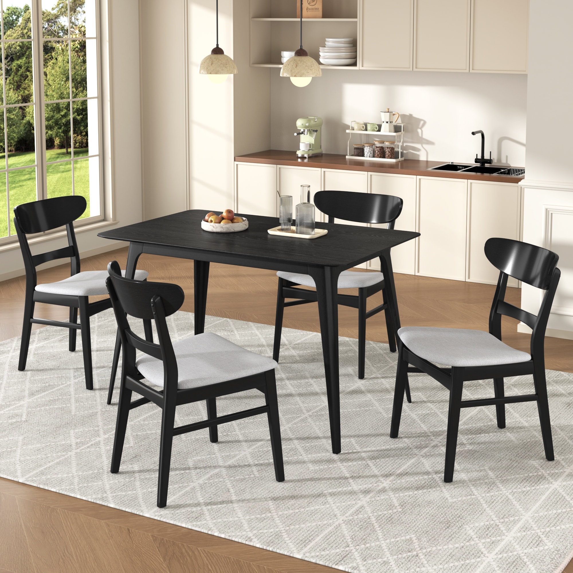 Mid-Century Modern 5-Piece Dining Set, Rubberwood Frame, One Table and 4 Upholstered Chairs, Black +Light Gray
