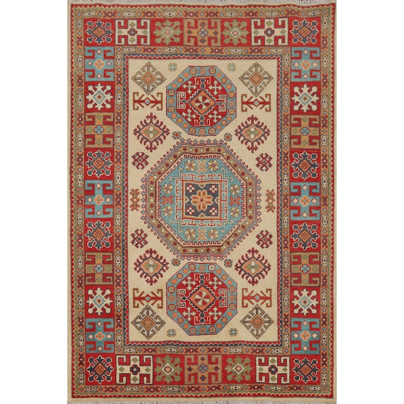 Geometric Kazak Oriental Rug Dining Room Hand-Knotted Wool Carpet - 4'1" x 6'0"