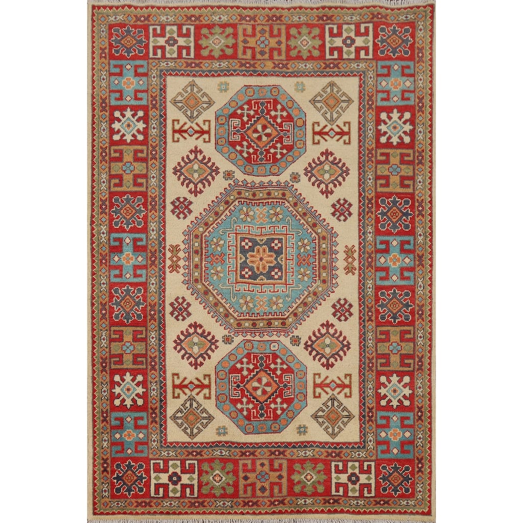 Geometric Kazak Oriental Rug Dining Room Hand-Knotted Wool Carpet - 4'1" x 6'0"