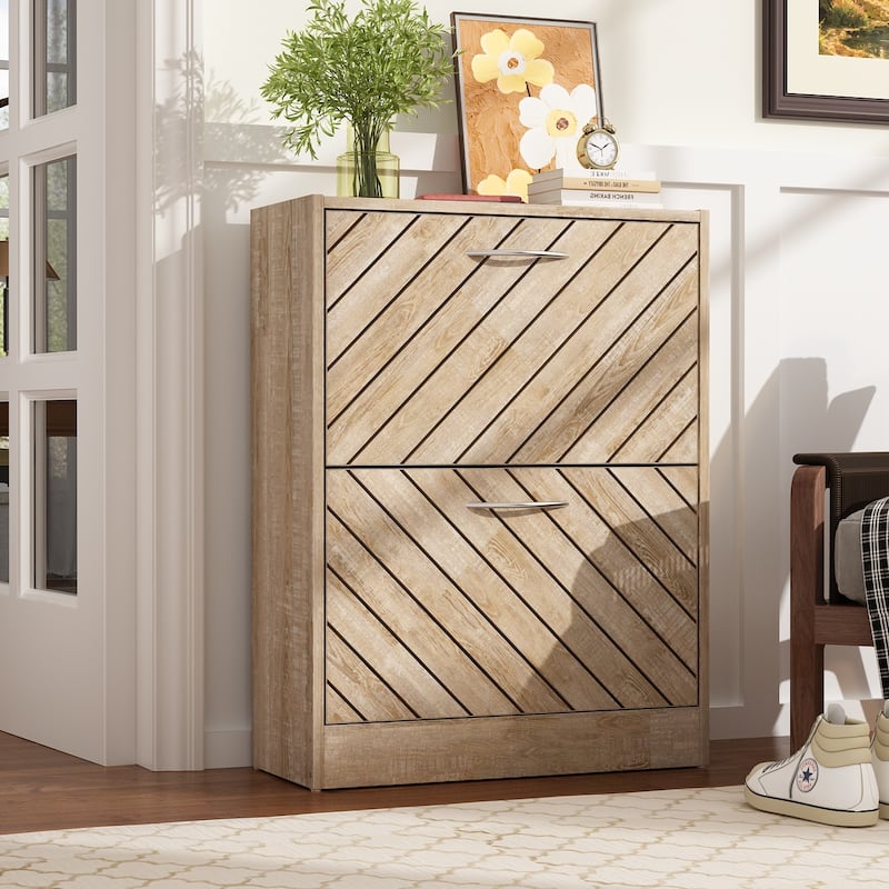 Timechee 8 Pair Shoe Storage Cabinet with 2 Drawers, Wood Color - Wood Color - 2-drawer