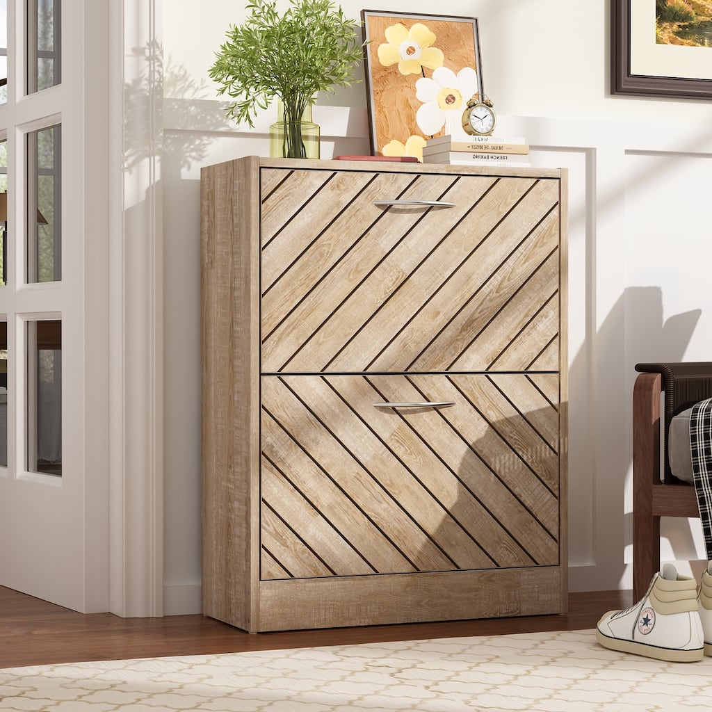 Timechee 8 Pair Shoe Storage Cabinet with 2 Drawers, Wood Color