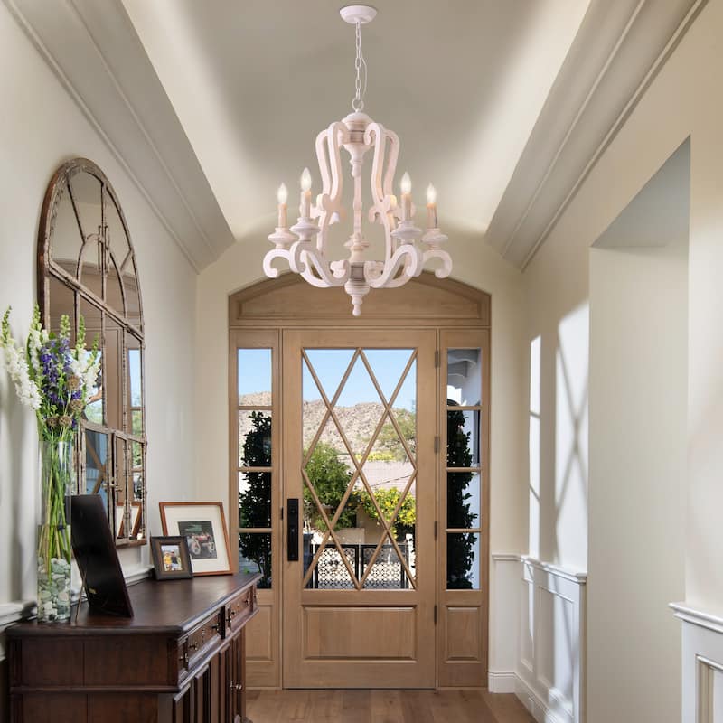 Cusp Barn Farmhouse Antique 5-Light Wood Candle Chandelier Empire Shabby Ceiling Light for Dining Room Entryway