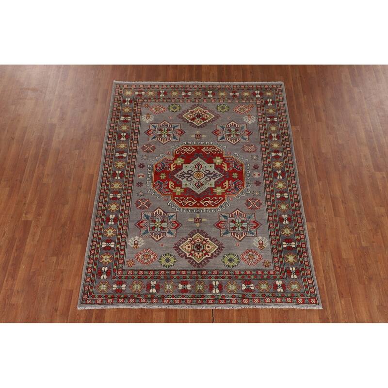 Gray Geometric Kazak Area Rug Living Room Handmade Wool Carpet - 5'7" x 7'3"