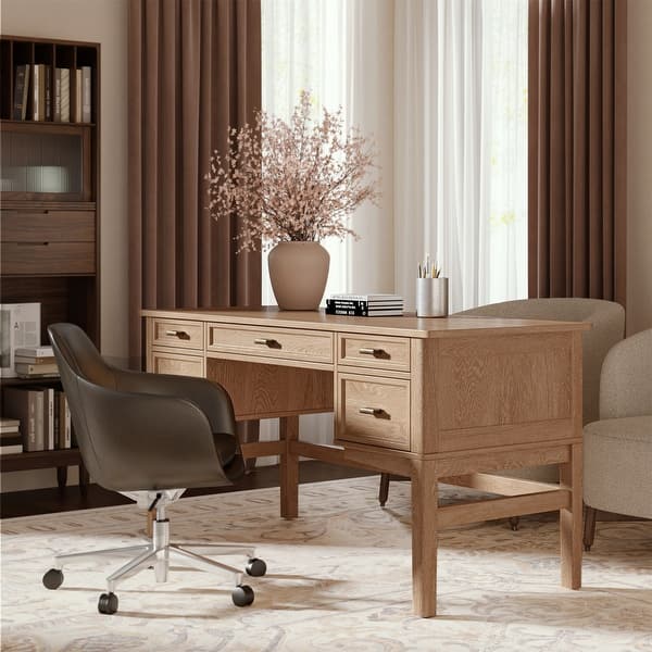 slide 2 of 20, Seraf Transitional 56" Wooden Desk with Hidden Drawers and Concealed Cable Hole by HULALA HOME Oak