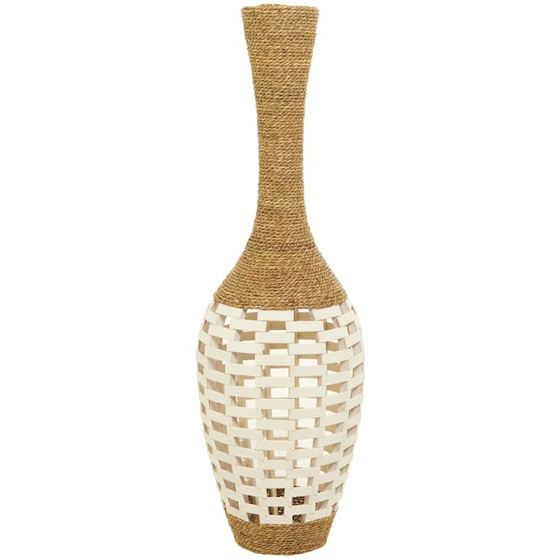 Seagrass Handmade Wrapped Tall Floor Vase with Cream Mosaic Bamboo Center - Brown - Roche River Decor - 13"W x 13"L x 40"H