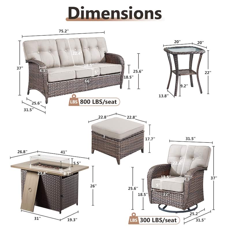 TWrap Wicker Patio Fire Pit Conversation Set with 3-Seat Sofa & Swivel Gliders