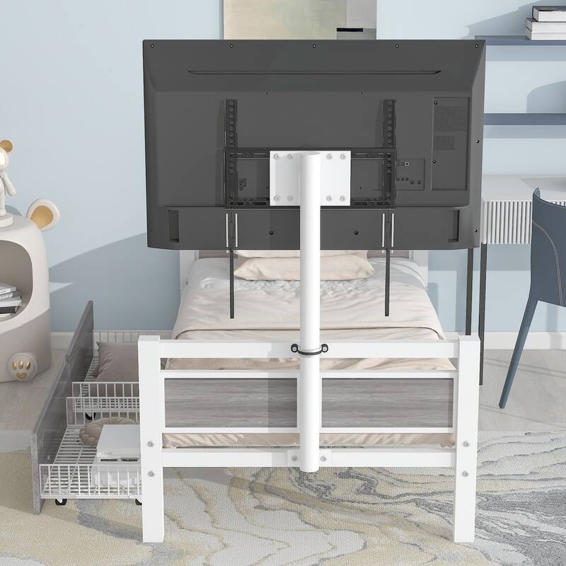 Twin Size Metal Platform Bed with Drawers and Rotatable TV Stand